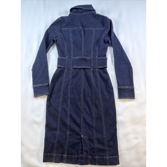 White House Black Market Denim Shirt Dress Size 00 Blue Long Sleeve Belted - Picture 2 of 9